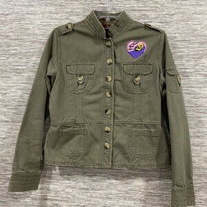 💗Vintage Jordache Olive Utility Jacket Custom “Live Laugh Love” Skeletor Patch